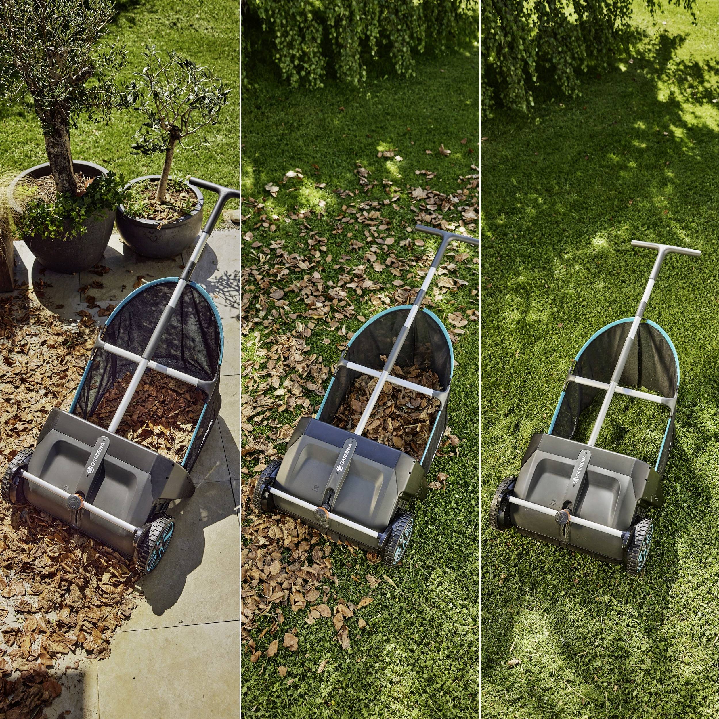 Drei Bilder eines Laubkehrers, die ihn auf verschiedenen Oberflächen zeigen: eine Terrasse mit verstreuten Blättern, ein Rasenplatz mit angesammelten Blättern und ein Rasen ohne Blätter.