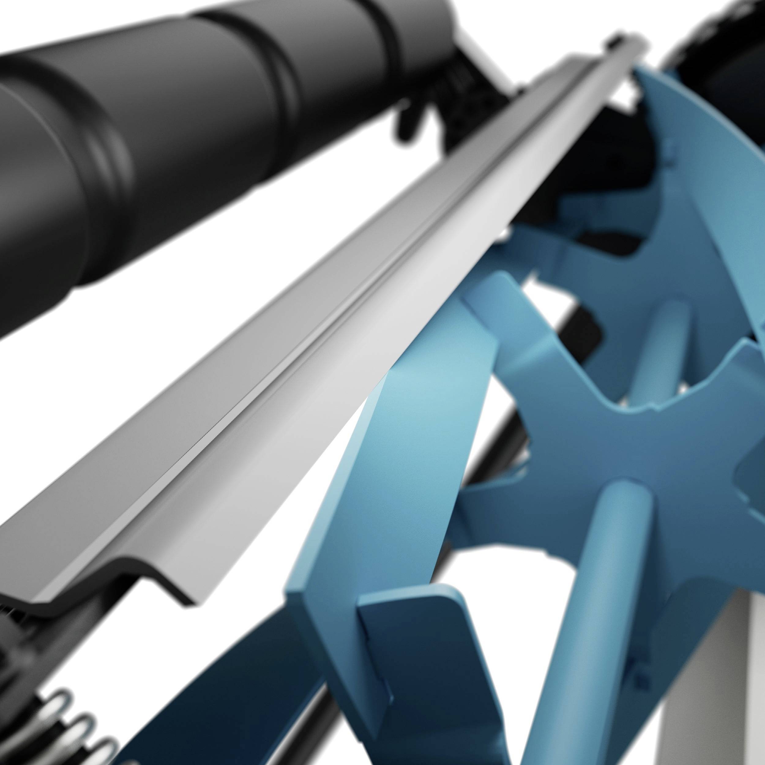 Nahaufnahme eines industriellen Mechanismus mit einer blauem, zahnradähnlichen Struktur und einem schlanken metallischen Arm, der eine mechanische Funktionalität andeutet.