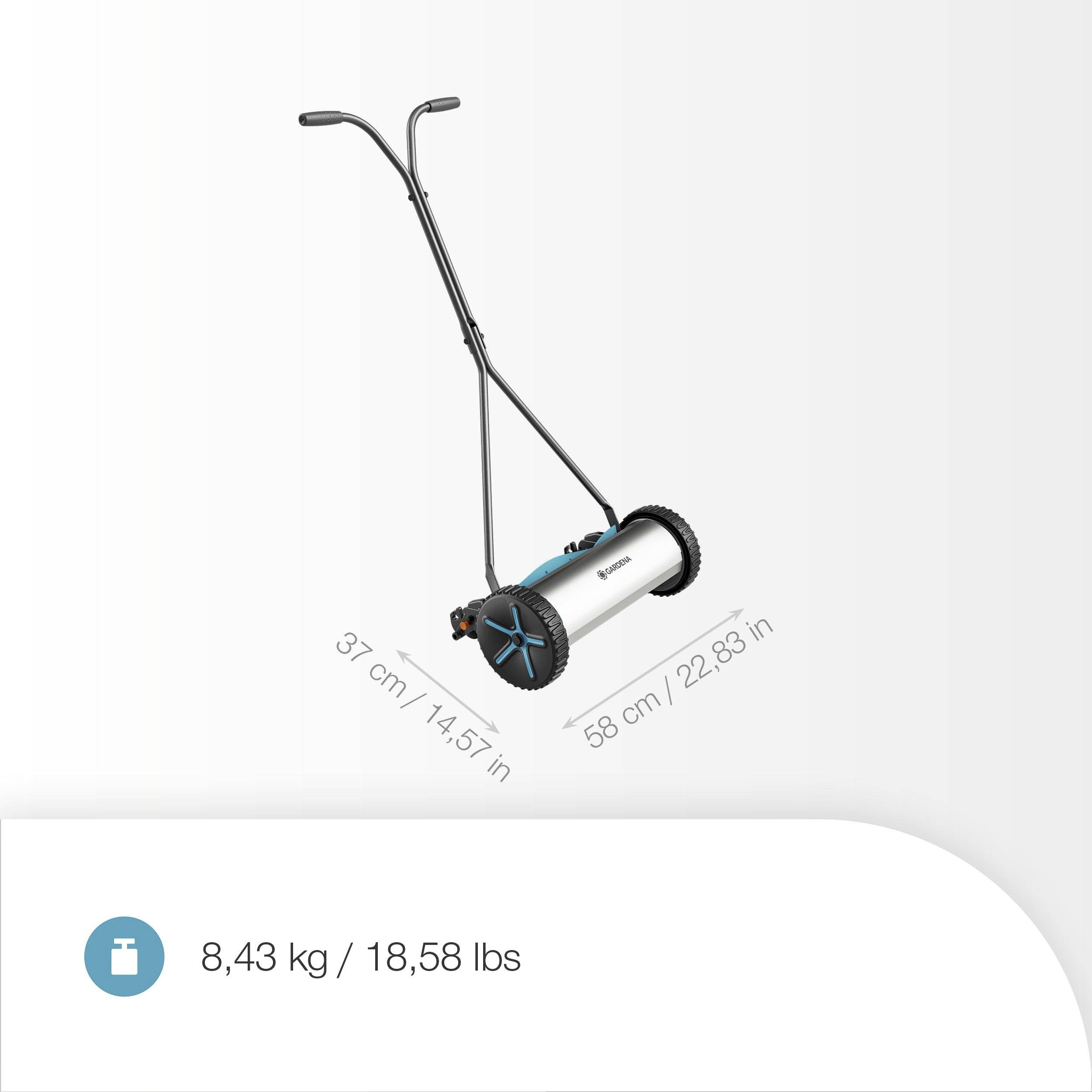 Handrasenmäher mit 37 cm Schnittbreite, 58 cm Tiefe, mit einem Gewicht von 8,43 kg oder 18,58 Pfund.