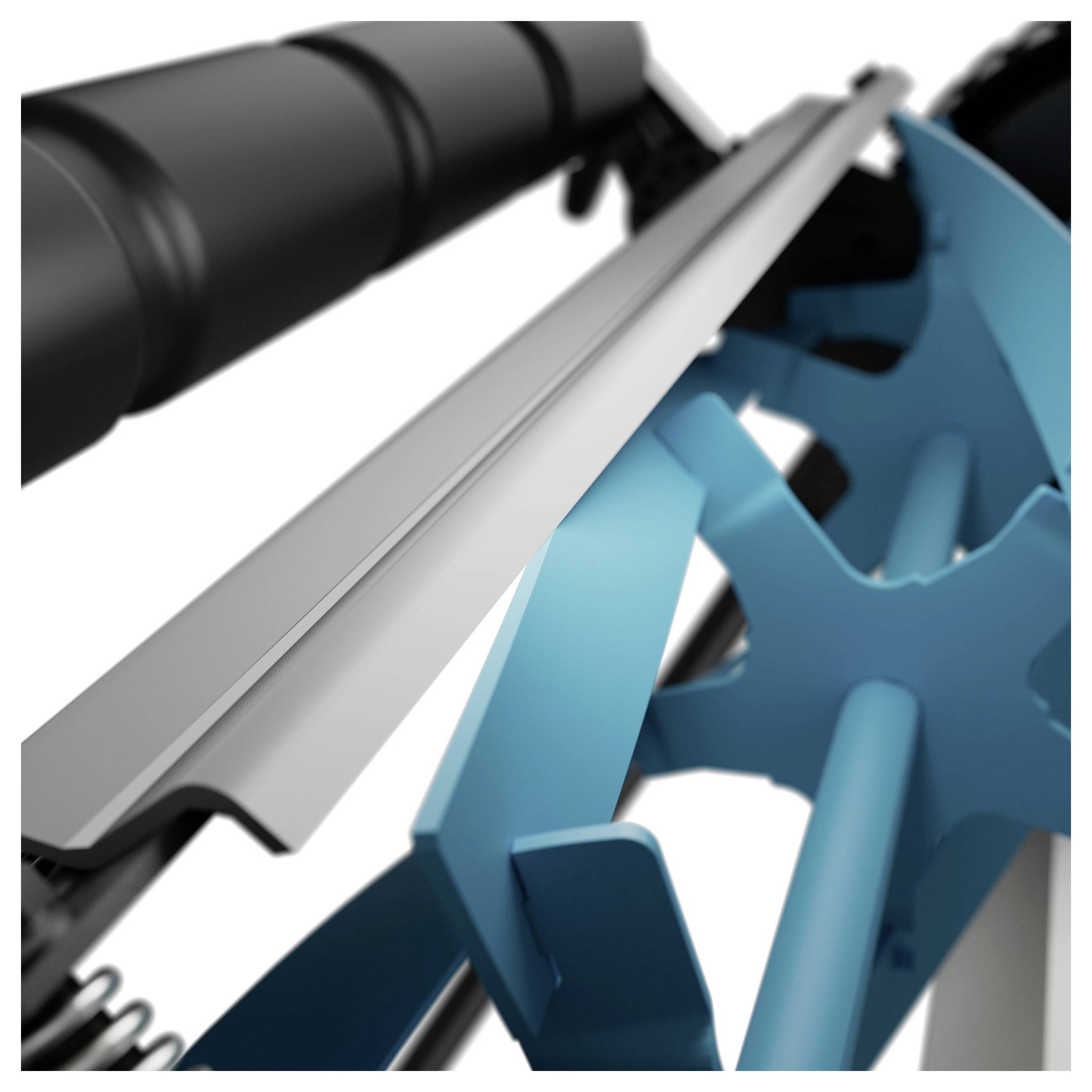 Nahaufnahme eines mechanischen Geräts mit einer eleganten schwarzen Komponente und einer blauen, zahnradähnlichen Struktur, die auf Industriemaschinen hindeutet.