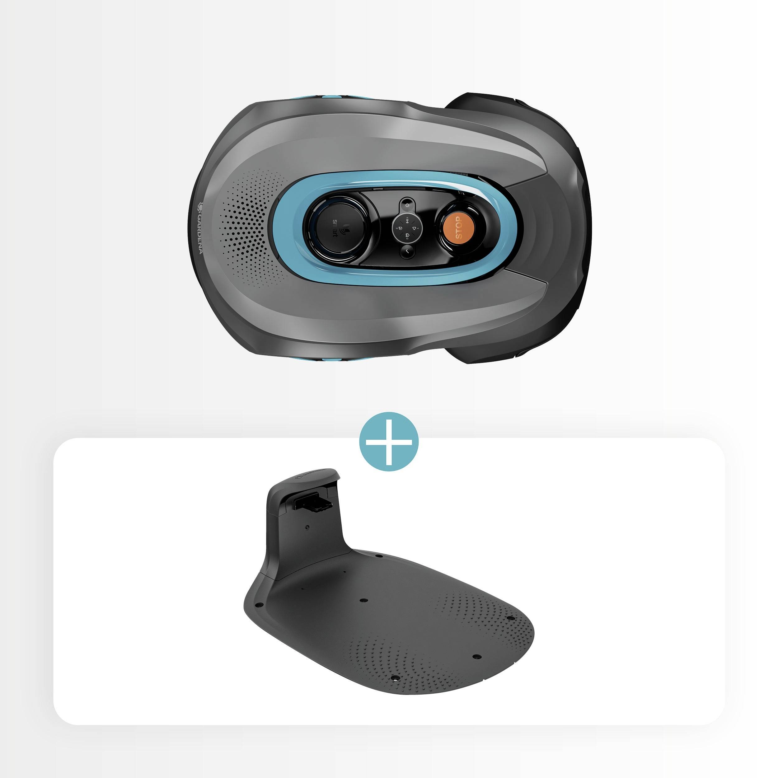 Rasenmäher-Roboter aus Draufsicht, begleitet von einer Dockingstation unten, verbunden durch ein Pluszeichen.