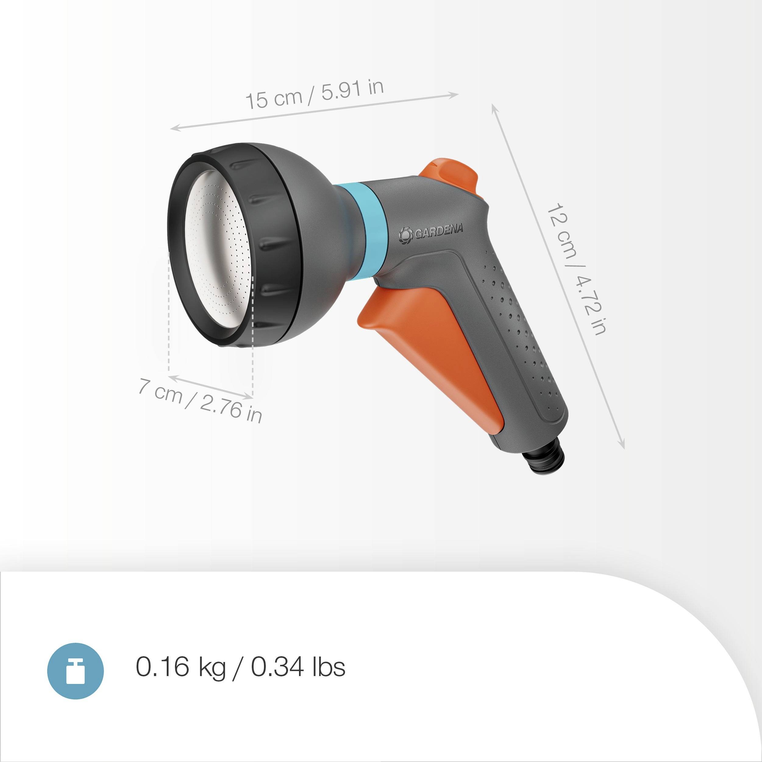 Sprühflasche der Marke 'Gardenia', schwarz und orange, Abmessungen: 15 cm (Länge), 12 cm (Höhe), 7 cm (Durchmesser), Gewicht: 0,16 kg.
