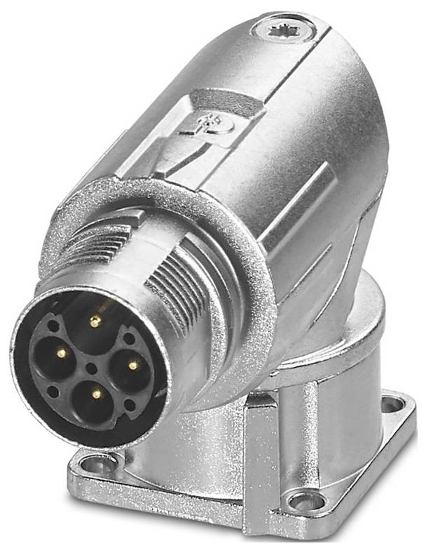 Ein metallischer zylindrischer 5-polige elektrischer Stecker auf einer abgewinkelten Halterung, verwendet für professionelle Audio- oder Industrieanwendungen.