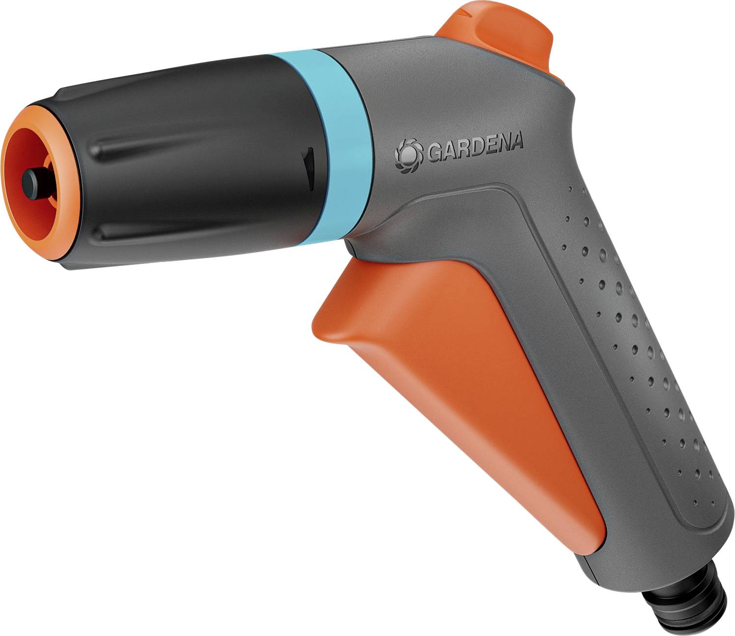 Eine graue und orangefarbene Gartenschlauch-Düse, mit dem Markennamen 'Gardena' gekennzeichnet, zum Gießen von Pflanzen entwickelt, mit ergonomischem Griff und verstellbaren Sprüheinstellungen.