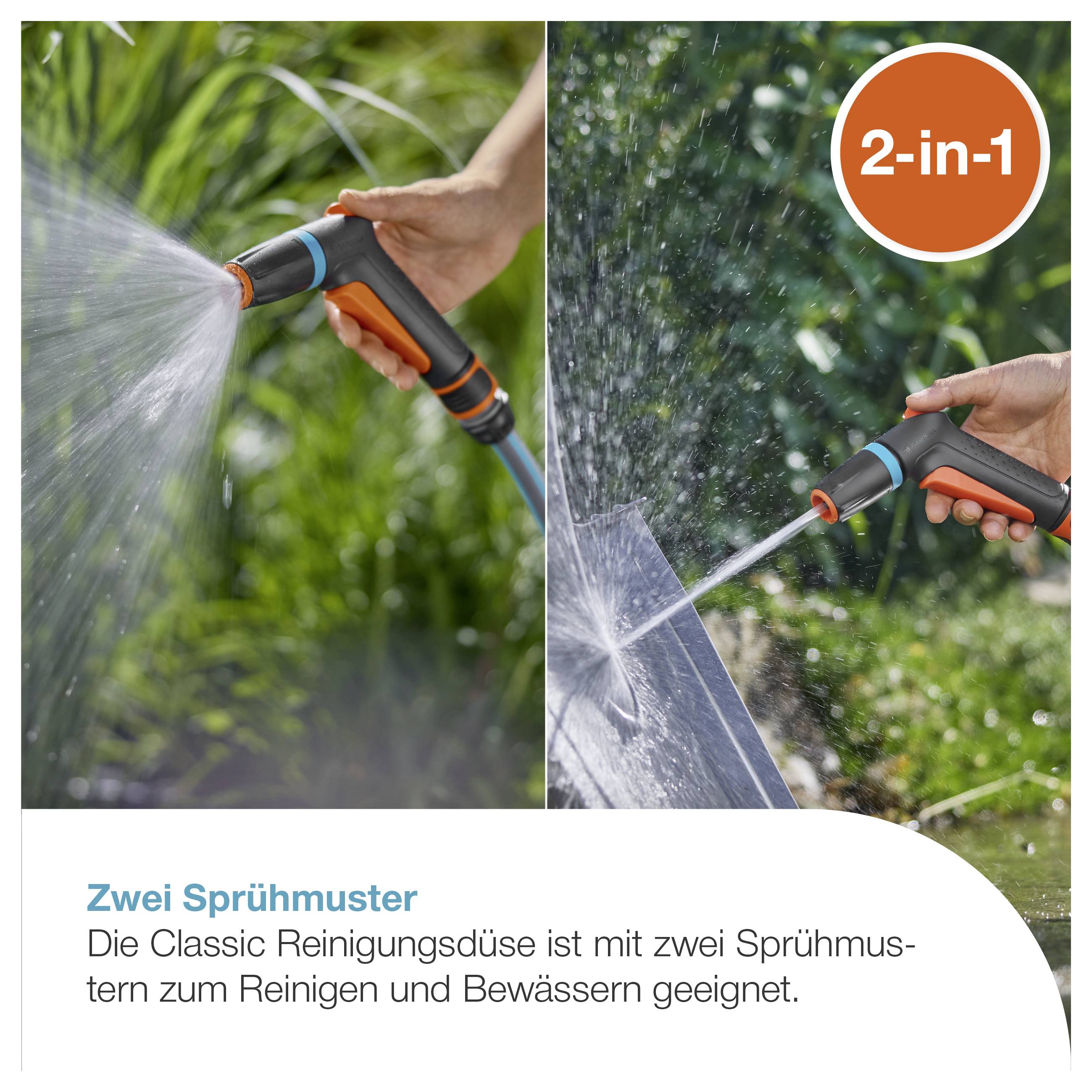 Werbesbild einer Gartensprühdüse in zwei Anwendungen: links feiner Sprühnebel, rechts kräftiger Strahl; Text: '2-in-1' und 'Zwei Sprühmuster'.