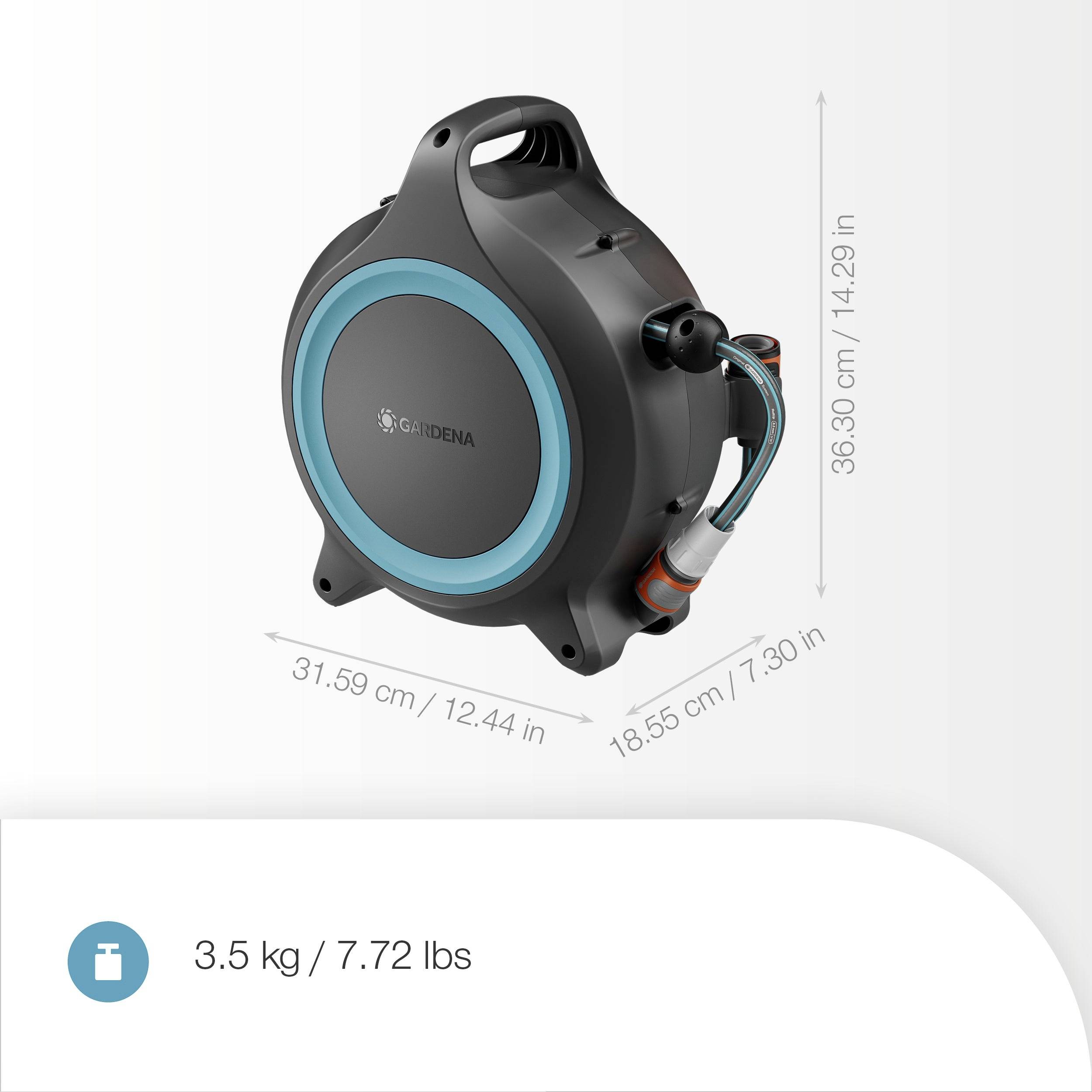 GARDENA Wandschlauchbox, schwarz mit blauen Zierteilen, Abmessungen: 31,59 cm x 18,85 cm x 36,30 cm, Gewicht: 3,5 kg.