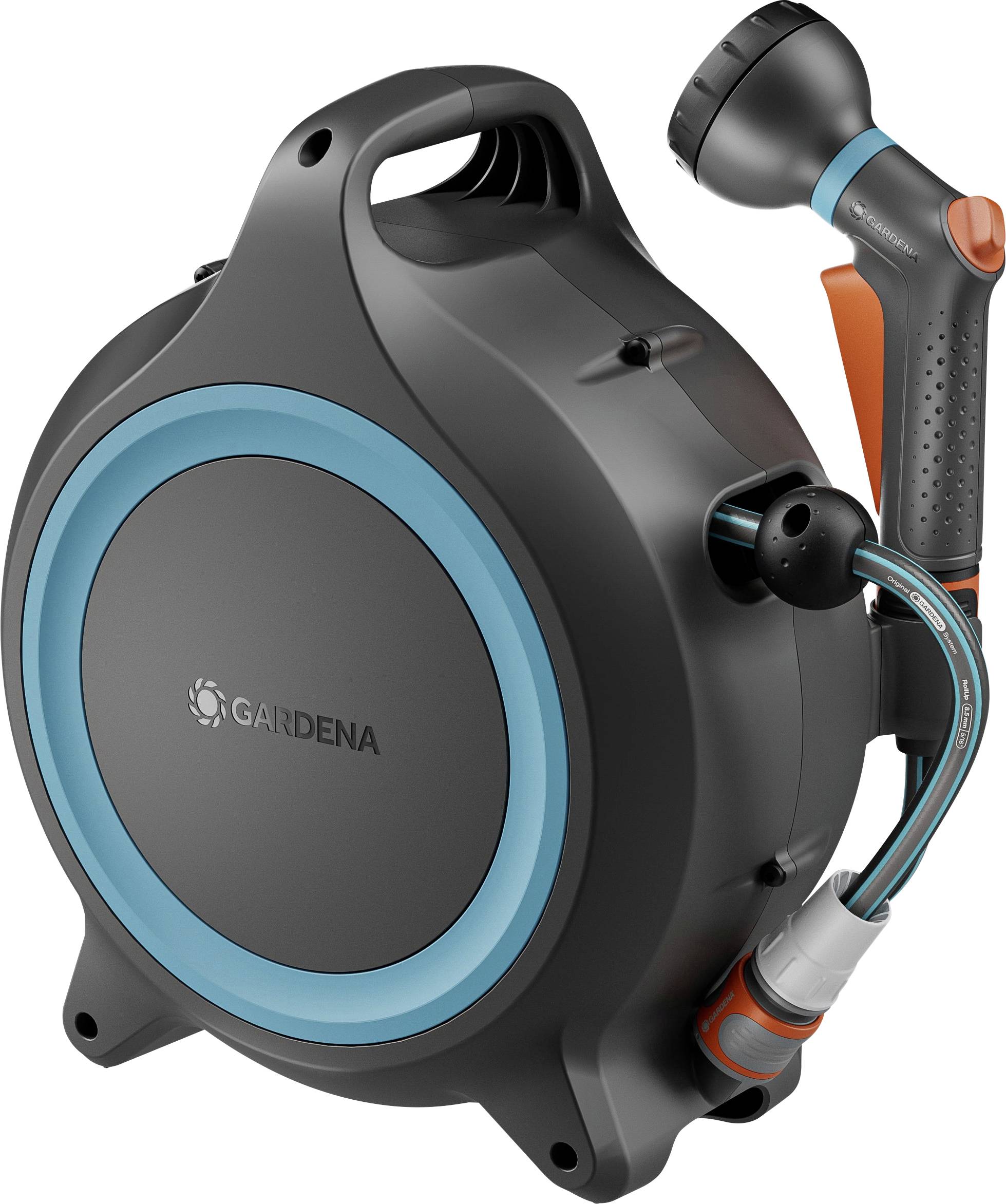 Eine kompakte, tragbare Gartenschlauchrolle mit angebrachter Handbrause, entwickelt für einfache Bewässerungsaufgaben.