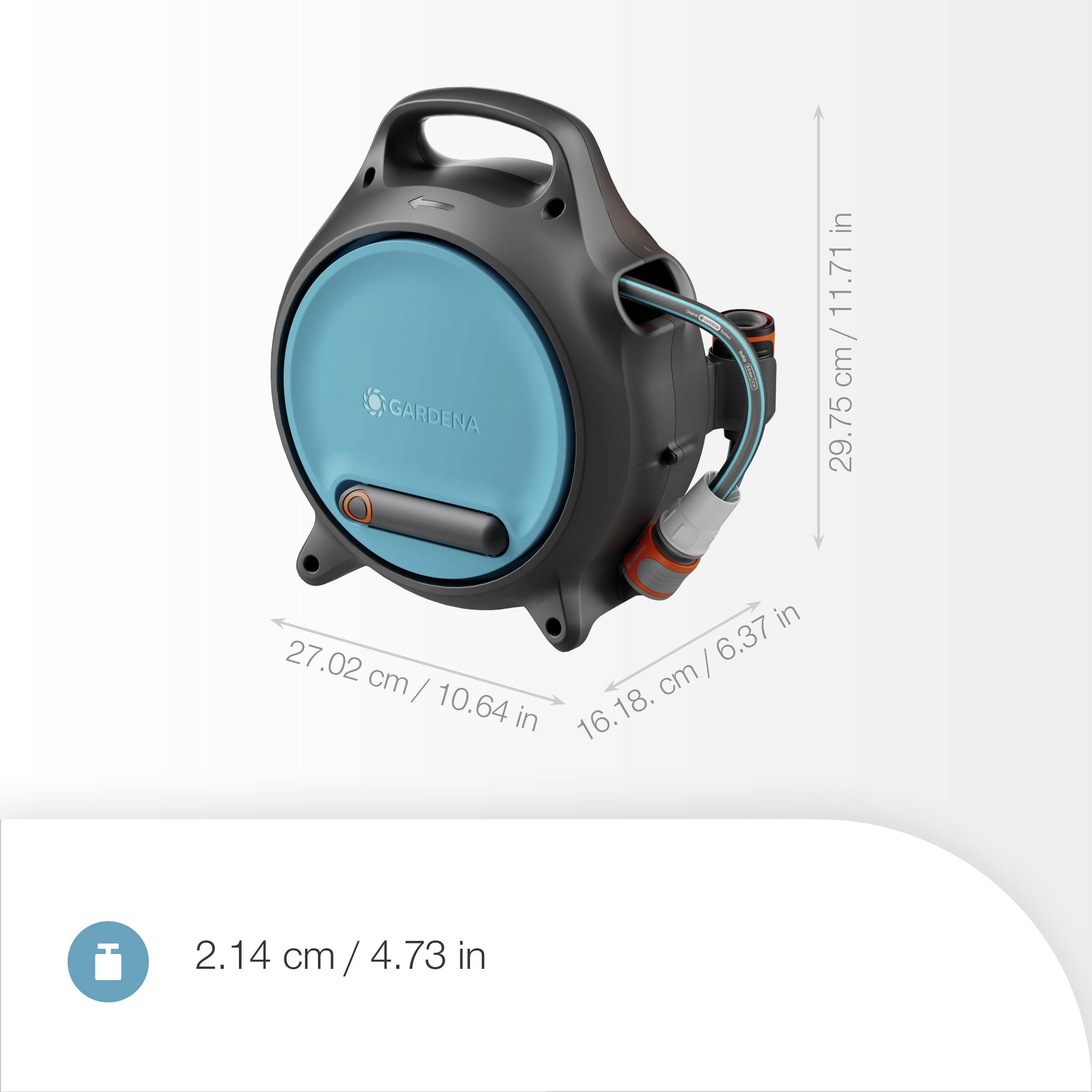 'Smart Hose Box' mit Abmessungen: 29,75 cm (11,71 Zoll) Höhe, 27,02 cm (10,64 Zoll) Breite, 16,18 cm (6,37 Zoll) Tiefe, 2,14 cm (4,73 Zoll) Schlauch.