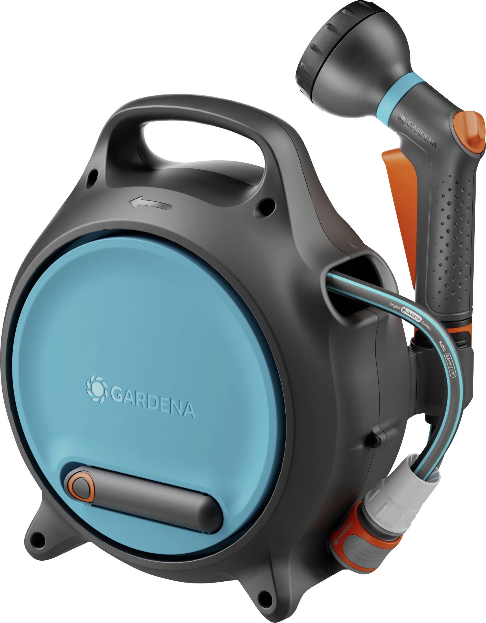 Tragbare Gartenschlauchrolle mit einziehbarem Schlauch und Sprühbrause, ausgestattet mit einem Griff zum einfachen Transport.