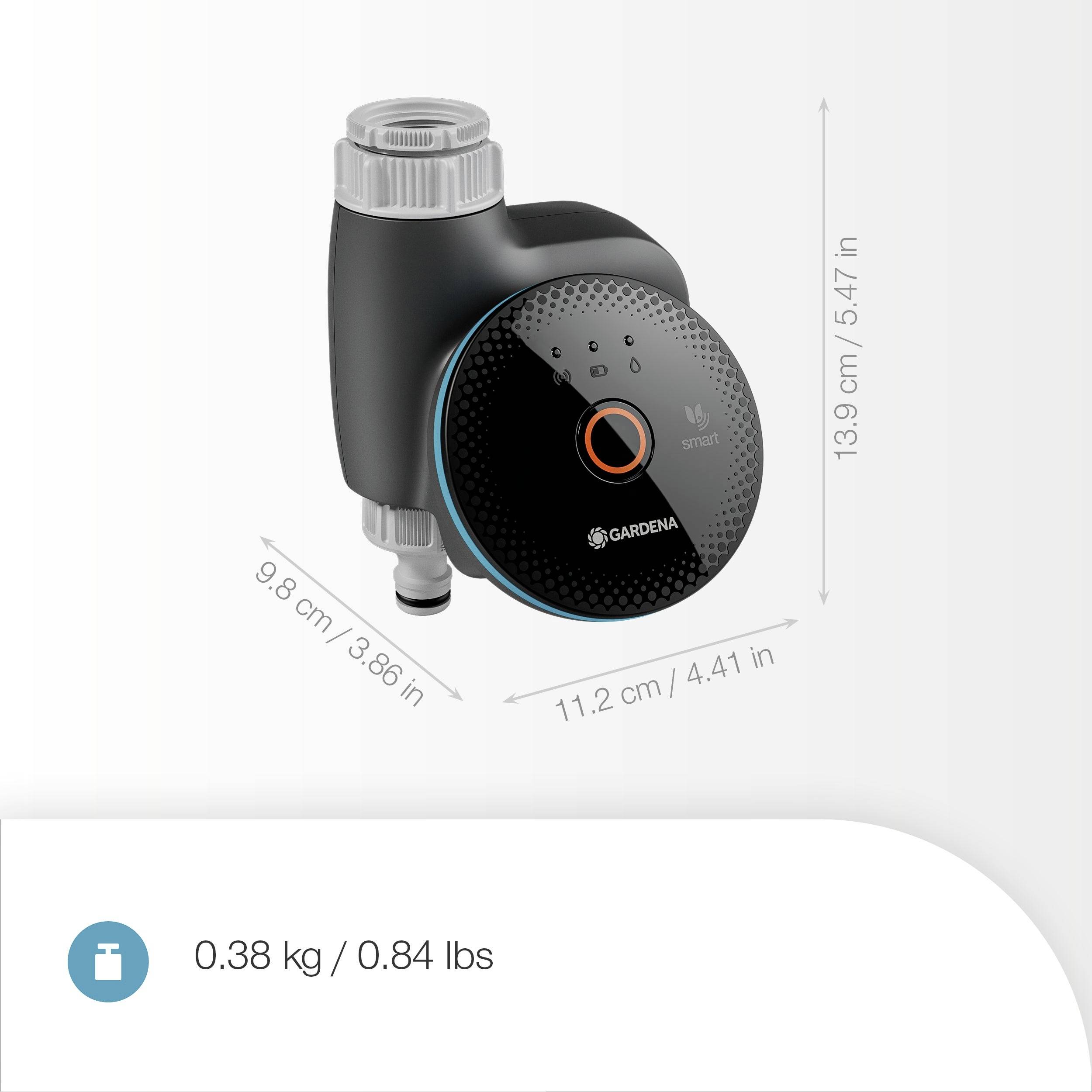 Intelligenter Wassertimer mit Abmessungen: 9,8 cm x 11,2 cm x 13,9 cm (3,86 in x 4,41 in x 5,47 in). Gewicht: 0,38 kg (0,84 lbs).