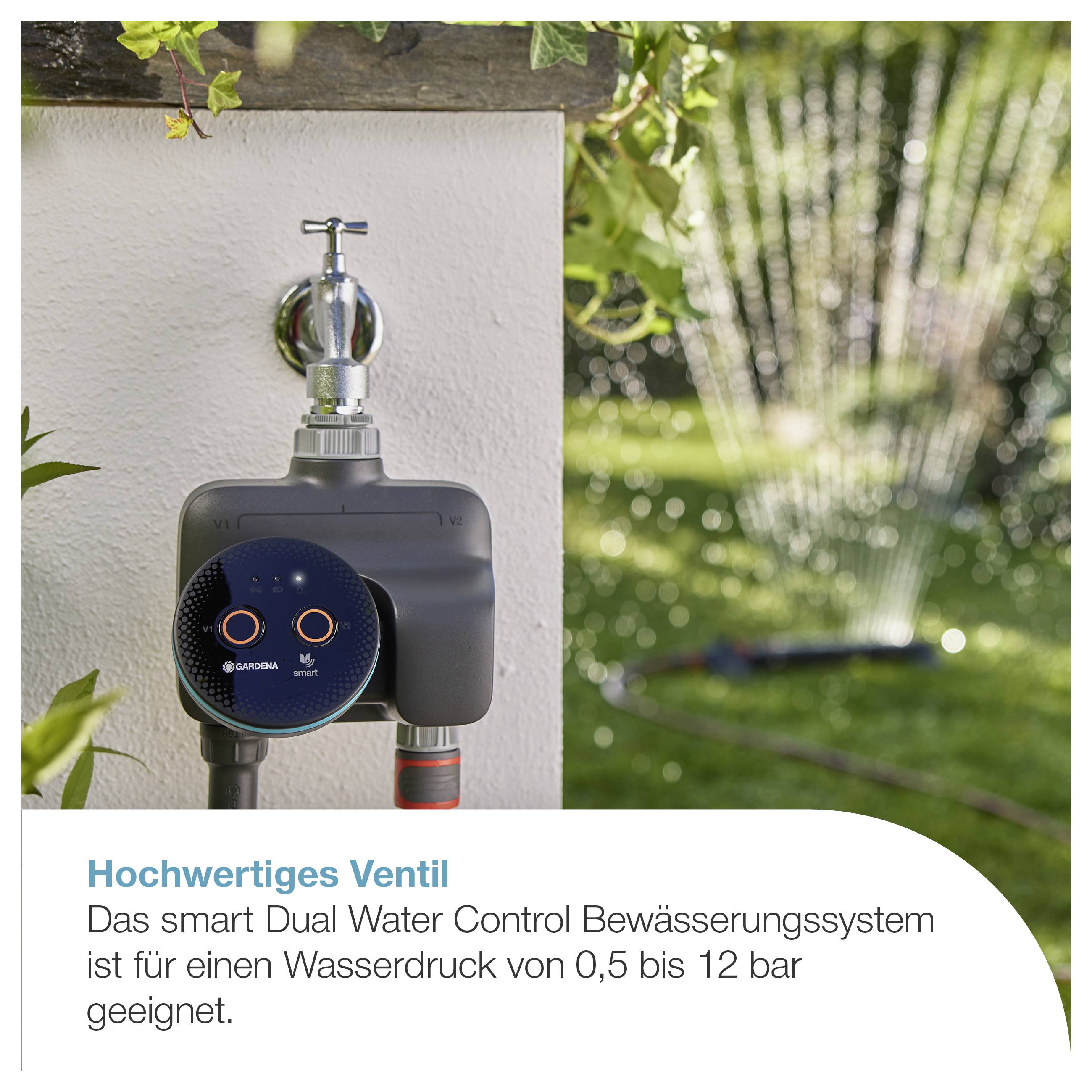 Smartes Dual-Wassersteuerungs-Bewässerungssystem am Wasserhahn im Garten; geeignet für 0,5 bis 12 bar.