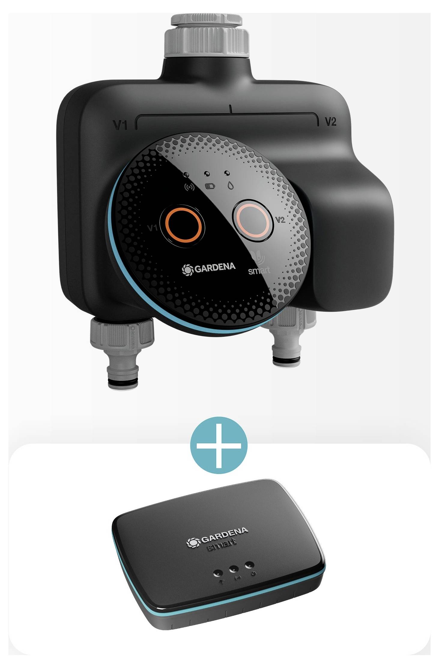 GARDENA Smart Water Control Gerät mit zwei Ventilen (V1, V2) und einem drahtlosen Hub darunter. Geeignet für automatisierte Gartenbewässerung.