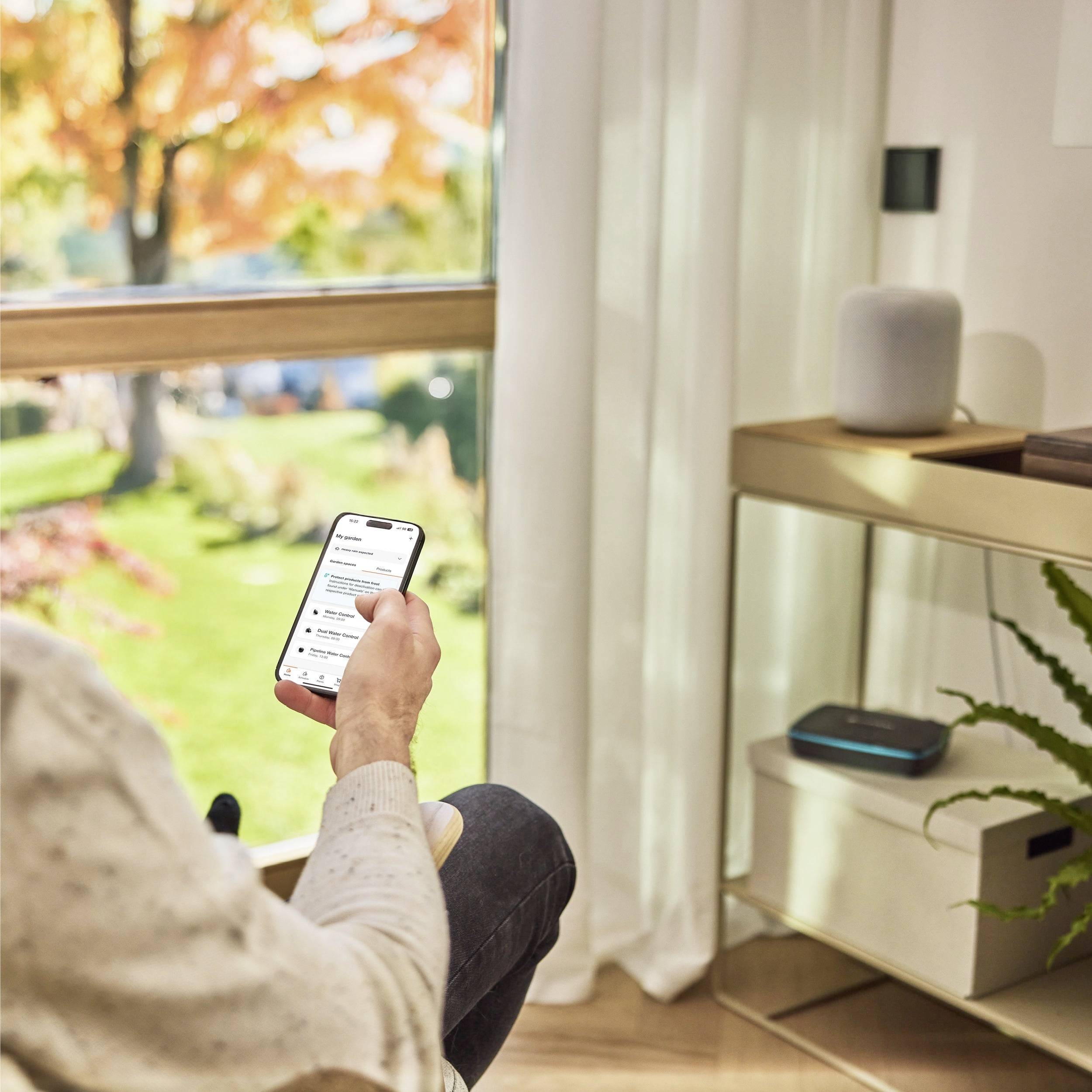 Eine Person sitzt drinnen an einem Fenster mit Herbstlaub im Hintergrund und hält ein Smartphone mit angezeigtem Text. Auf dem Regal befindet sich ein intelligenter Lautsprecher.