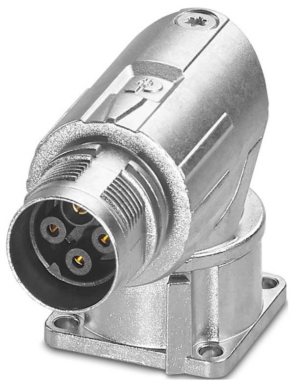 Ein metallischer Elektrostecker mit zylindrischer Form und fünf vergoldeten Kontaktstiften, der zur Verbindung von Stromkreisen verwendet wird.