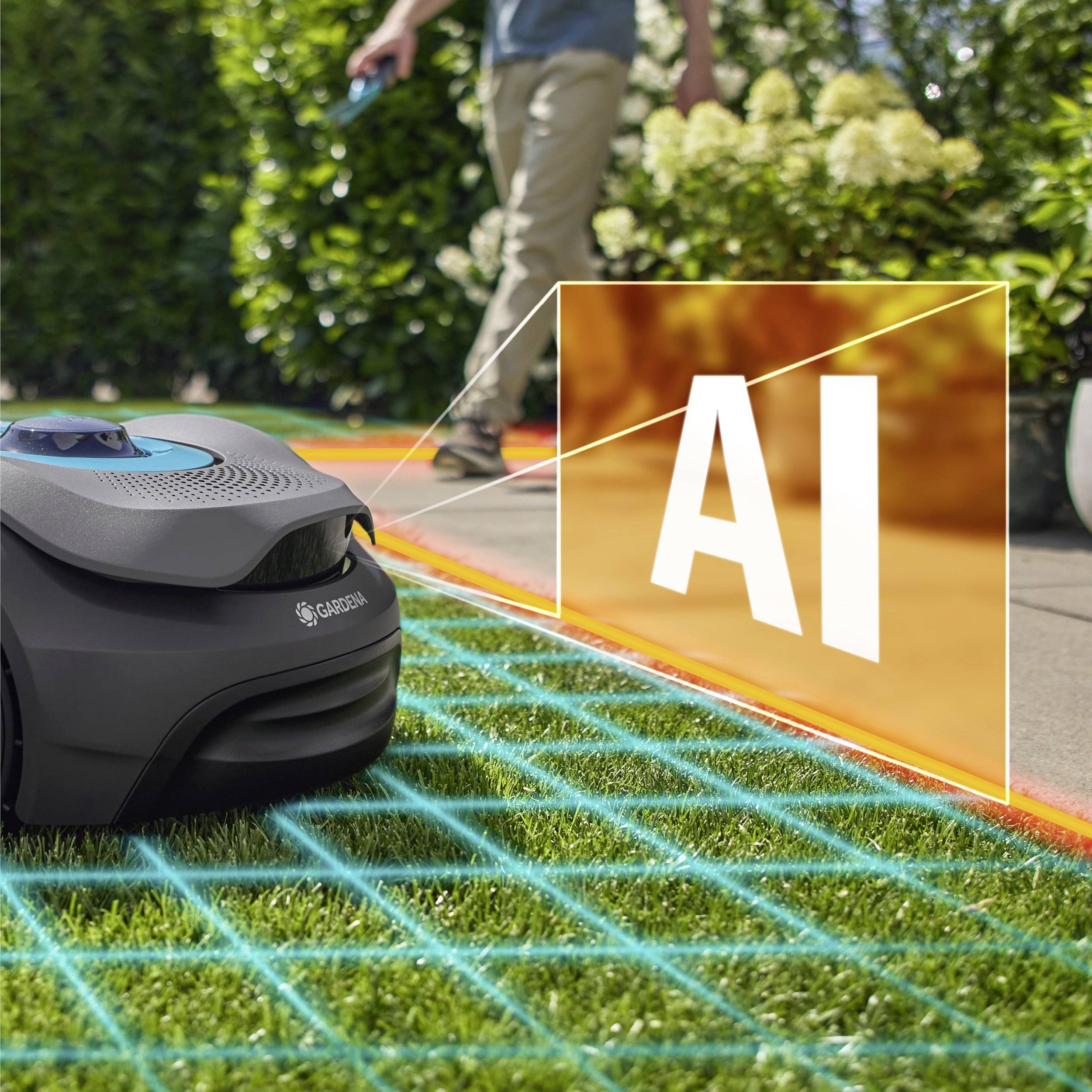 Ein Rasenmäher-Roboter arbeitet auf Rasen und demonstriert KI-Technologie mit einer digitalen Überlagerung, die seine intelligenten Navigationsfähigkeiten hervorhebt.