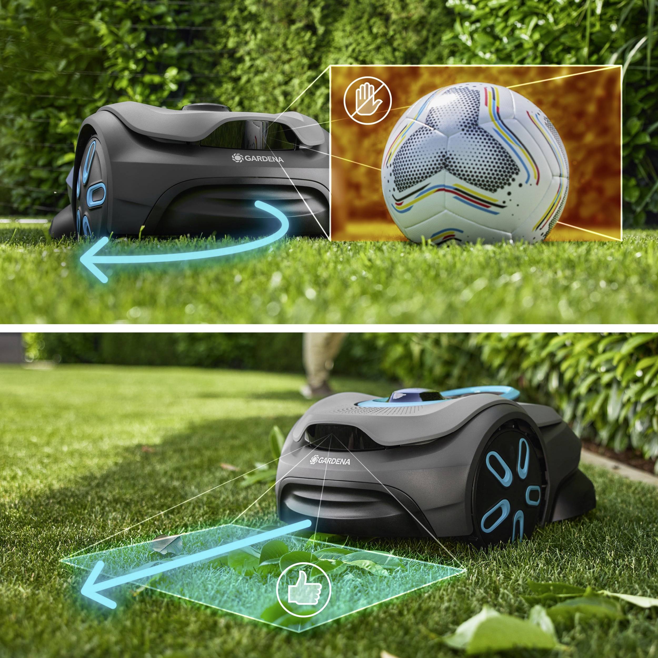 Zwei Bilder eines Rasenmähroboters. Das obere zeigt einen Ball mit einem Warnschild, was auf Hinderniserkennung hinweist. Das untere zeigt den Mäher im Betrieb mit einem Daumen-hoch-Zeichen.