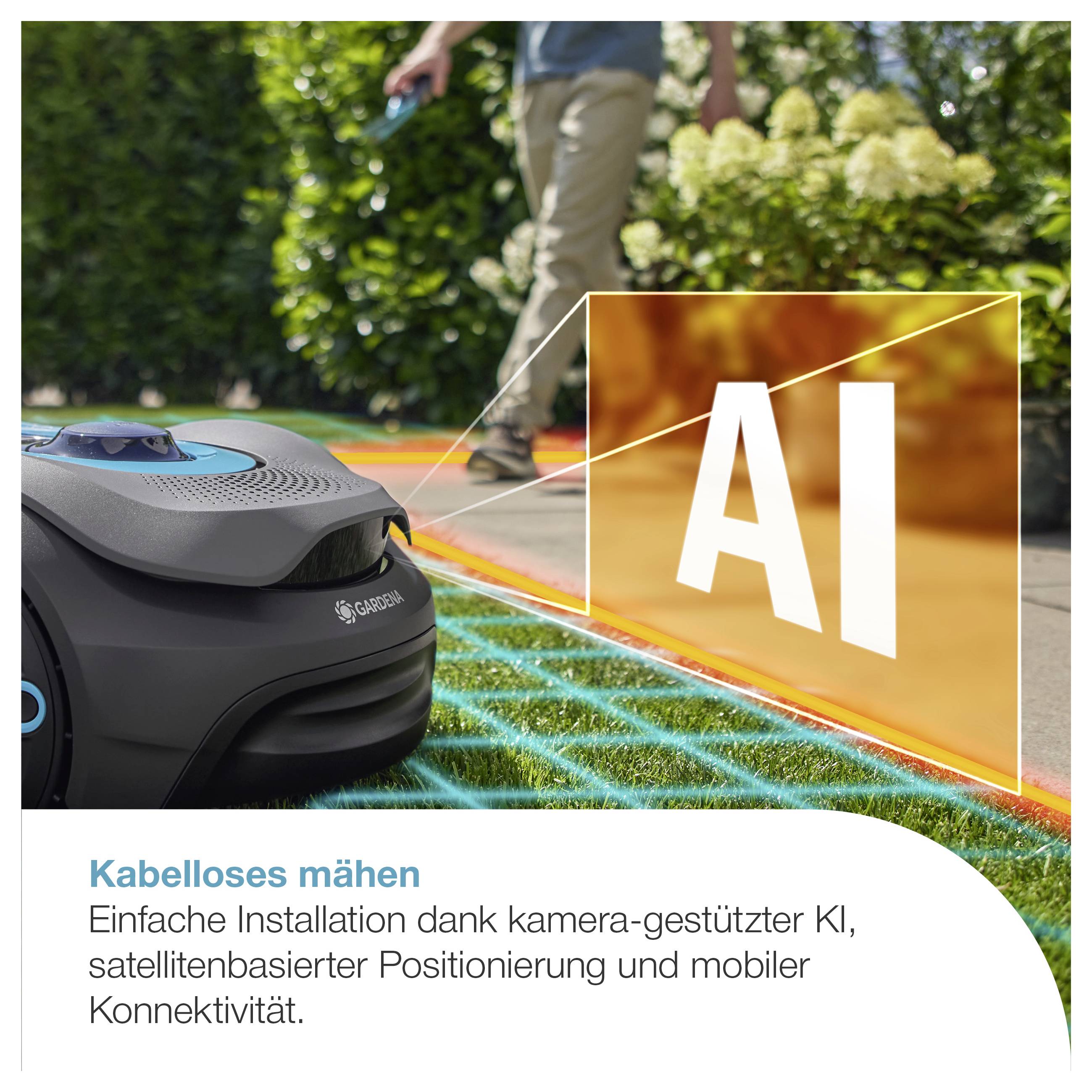 Werbebild eines kabellosen Mähroboters im Garten; ein orangefarbenes 'AI'-Feld verweist auf KI-gestützte Navigation bei der Rasenpflege.