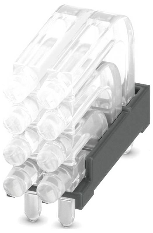 A clear, plastic push-in wire connector with multiple slots for wires, attached to a black base, used for electrical connections.