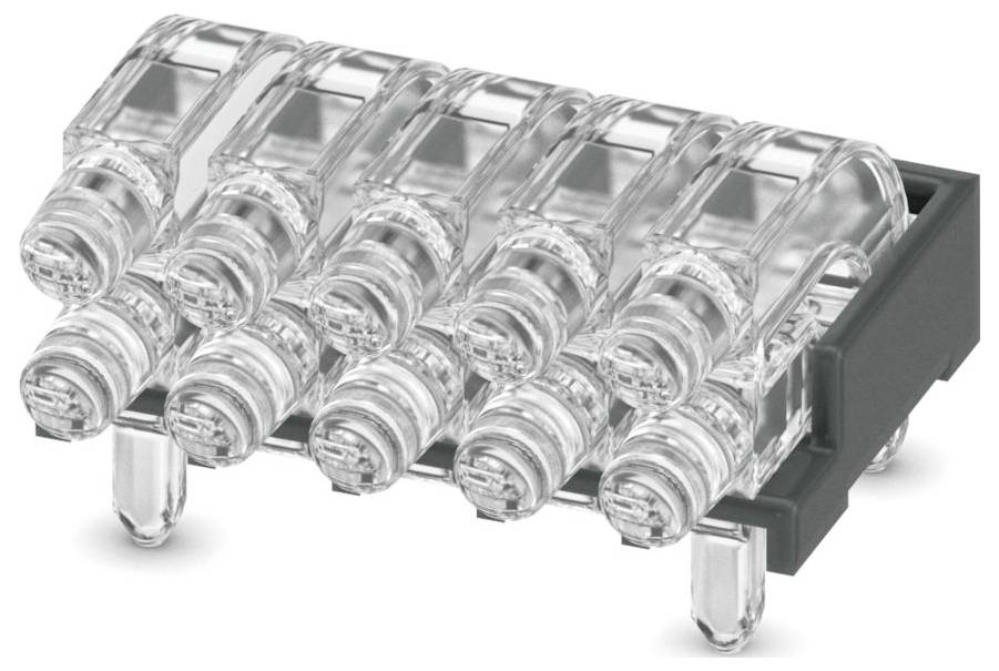 A transparent, rectangular electronic connector with six ports mounted on a black base, designed for electrical circuits.