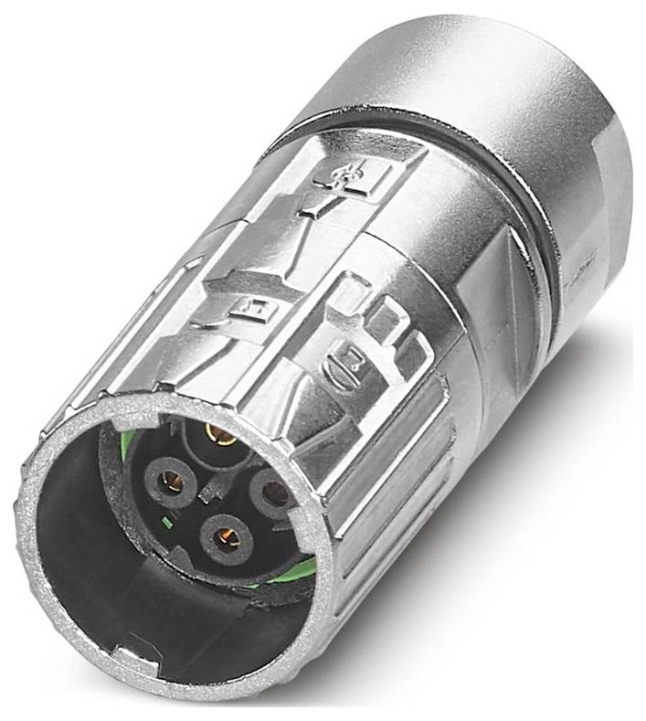A silver metal cylindrical electrical connector with three visible contact points surrounded by a notched outer casing, designed for secure attachment.