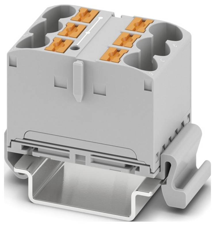A gray and orange electrical connector module secured on a metal rail, featuring multiple connection points for wiring applications.