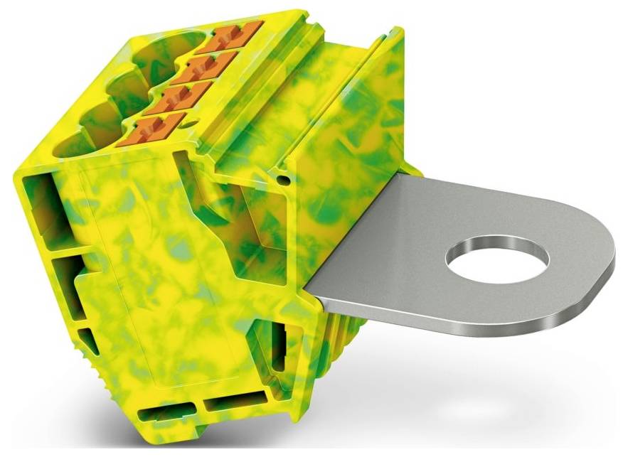 Yellow clamp with orange levers and metal attachment, used for connecting wires in electrical installations.