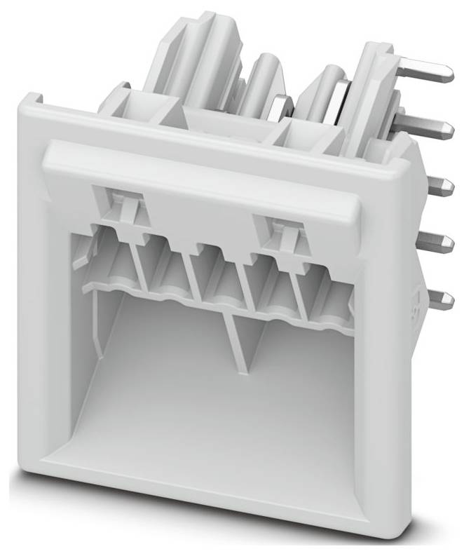 A white, intricately designed plastic connector with multiple pins, viewed from an angle showing internal grooves and slots.