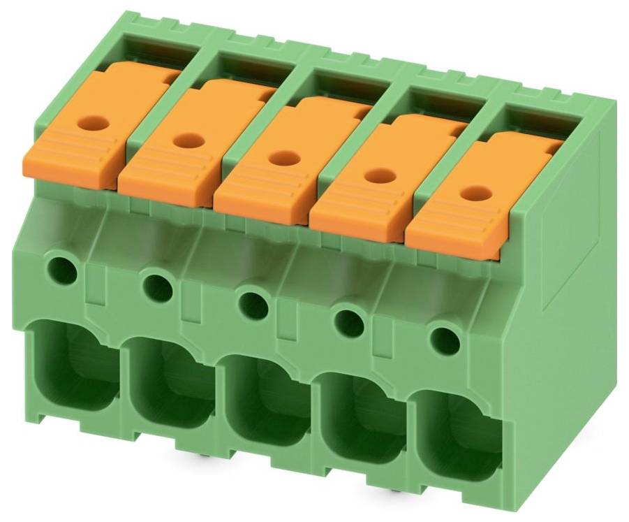 A green plastic terminal block connector with five orange push-buttons, designed for securing electrical wires.