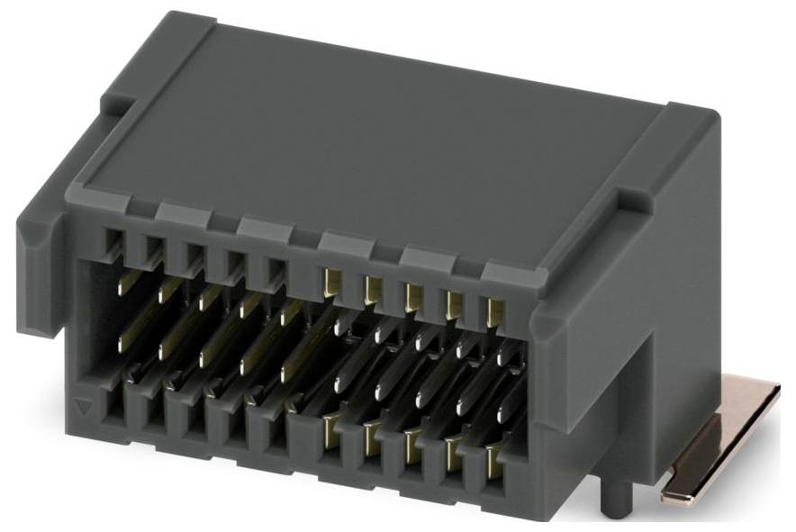 A close-up of a gray rectangular electrical connector with multiple pins, used for establishing connections in electronic devices.
