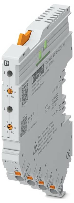 A thin, gray electronic module with text and symbols on the surface, featuring multiple ports and orange connectors.