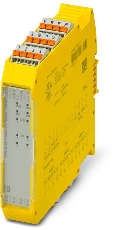 Ein kompaktes gelbes elektronisches Modul mit mehreren nummerierten Anschlüssen zum Verdrahten, wahrscheinlich für industrielle oder elektrische Steuerungssysteme verwendet.