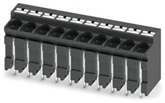 Schwarze doppelreihige Stiftleiste mit zwölf Stiften, nach unten abgewinkelt, wird zum Verbinden elektronischer Komponenten auf einer Leiterplatte verwendet.