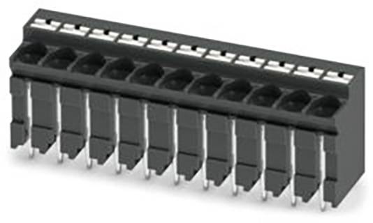 Ein schwarzer mehrstiftelektronischer Stecker mit mehreren Schlitzen, wahrscheinlich zur Verbindung verschiedener elektronischer Komponenten auf einer Leiterplatte.