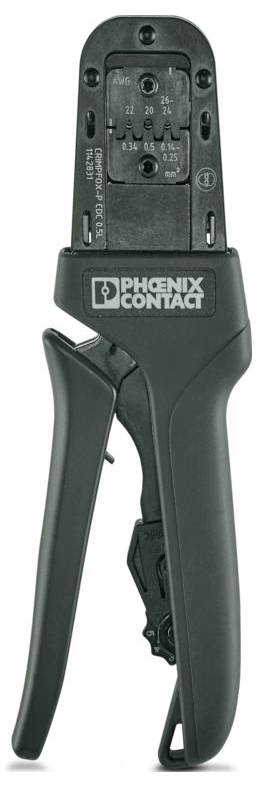Crimping tool for electrical work, branded Phoenix Contact, black handle, showing adjustable settings for different wire sizes.