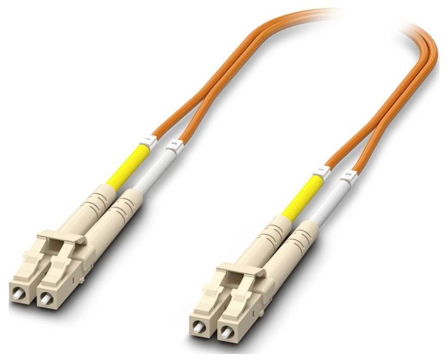 Image of an orange fiber optic cable with dual connectors at each end, used for high-speed data transmission.