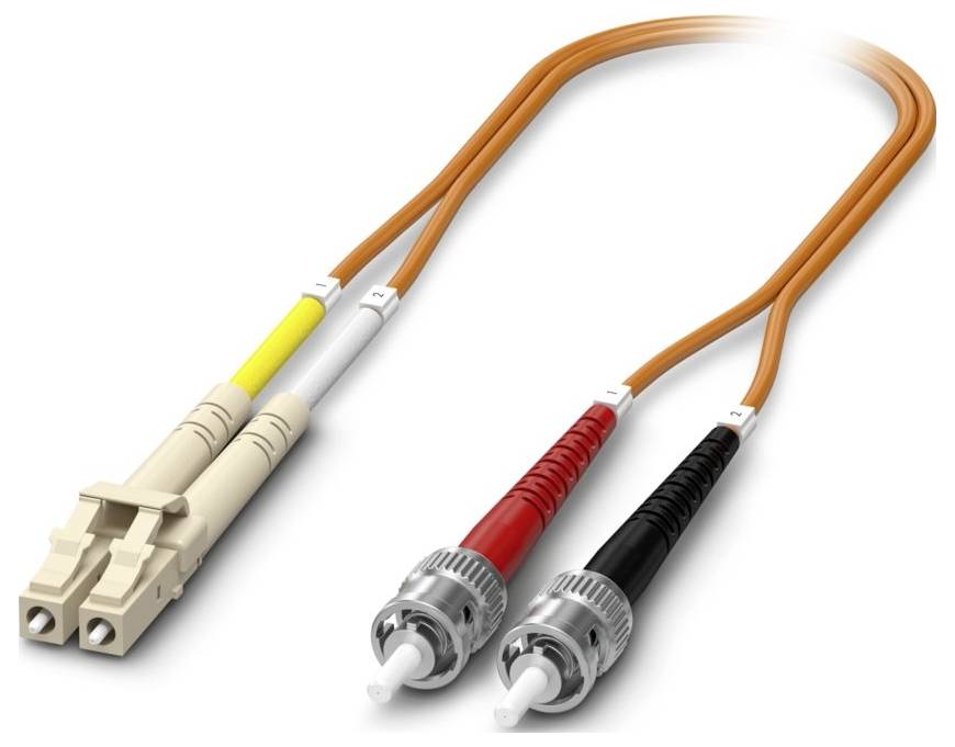 An orange fiber optic cable with two connectors: one end with a beige duplex LC connector, the other end with red and black ST connectors.