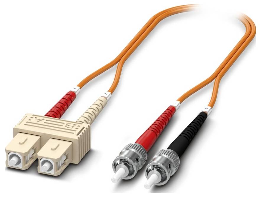 Dual fiber optic cable with one end having two LC connectors and the other end featuring two ST connectors, used for data transmission.
