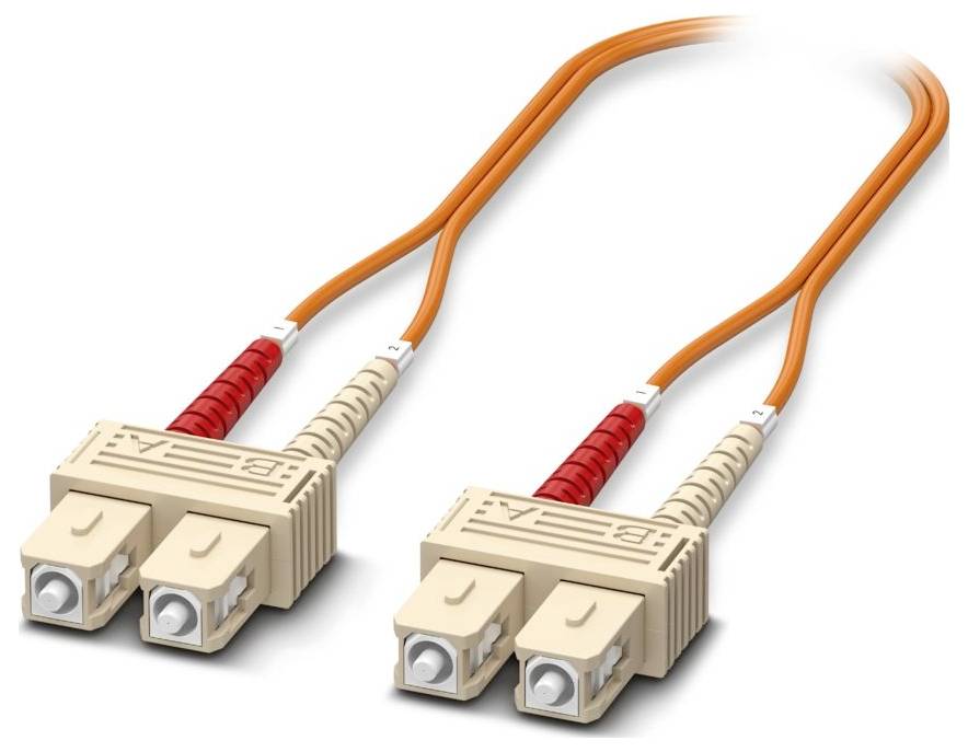Two orange fiber optic cables with beige LC connectors.