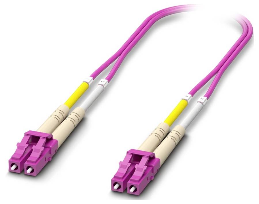 A pink fiber optic patch cable with LC connectors on both ends, used for high-speed data transmission in networking environments.