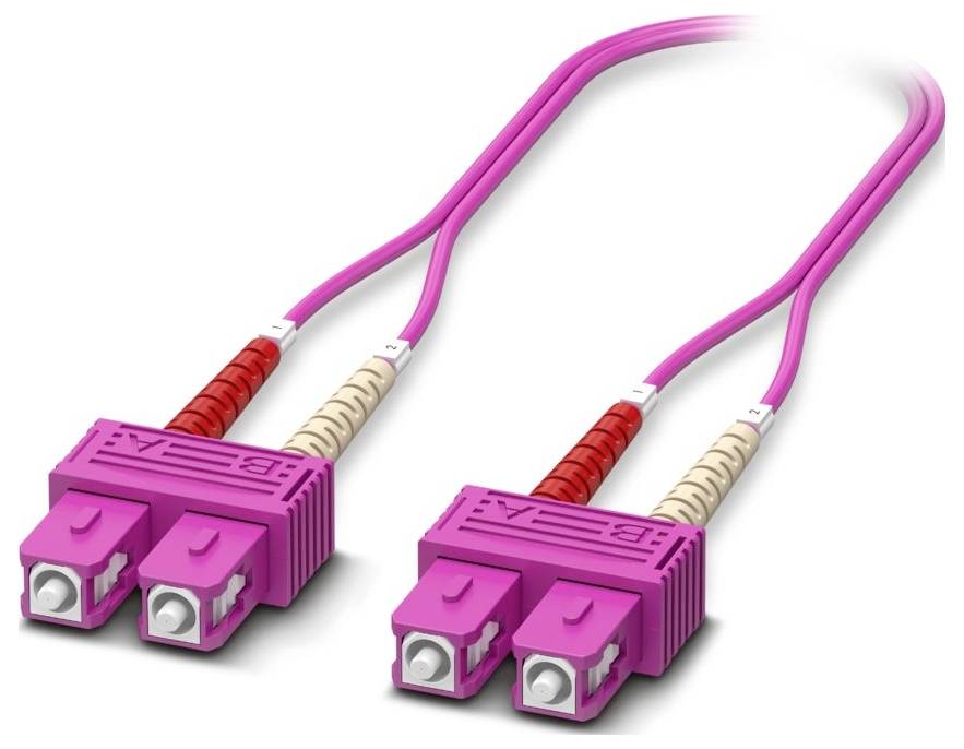Pink fiber optic patch cord with dual connectors, used for high-speed data connections in network environments.