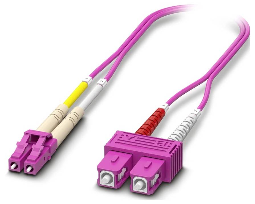 Pink fiber optic cables with LC and SC connectors on a white background.