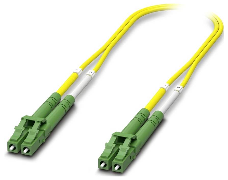 Close-up of a yellow fiber optic patch cable with green connectors on both ends, used for network connections.