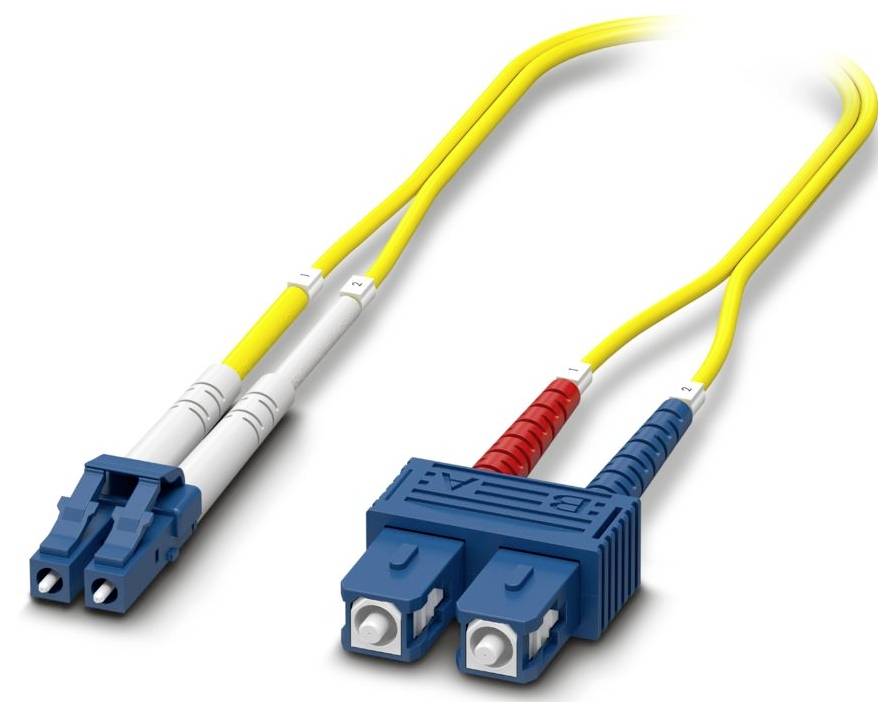 A yellow fiber optic patch cable with blue LC and SC connectors used for high-speed data connections.