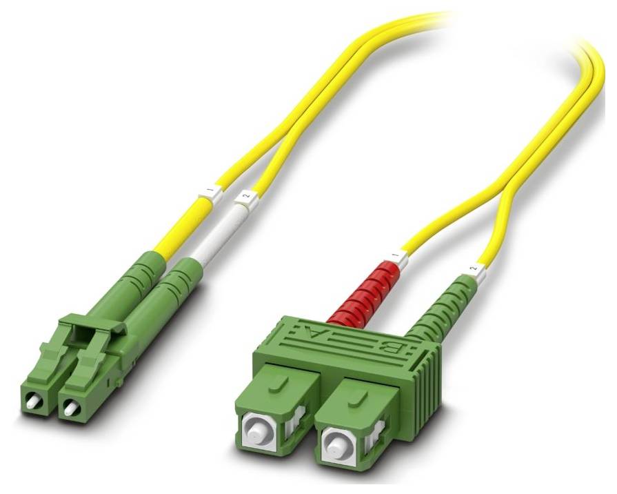 Green fiber optic connectors with yellow cables. The connectors have dual ports and are designed for data transmission.