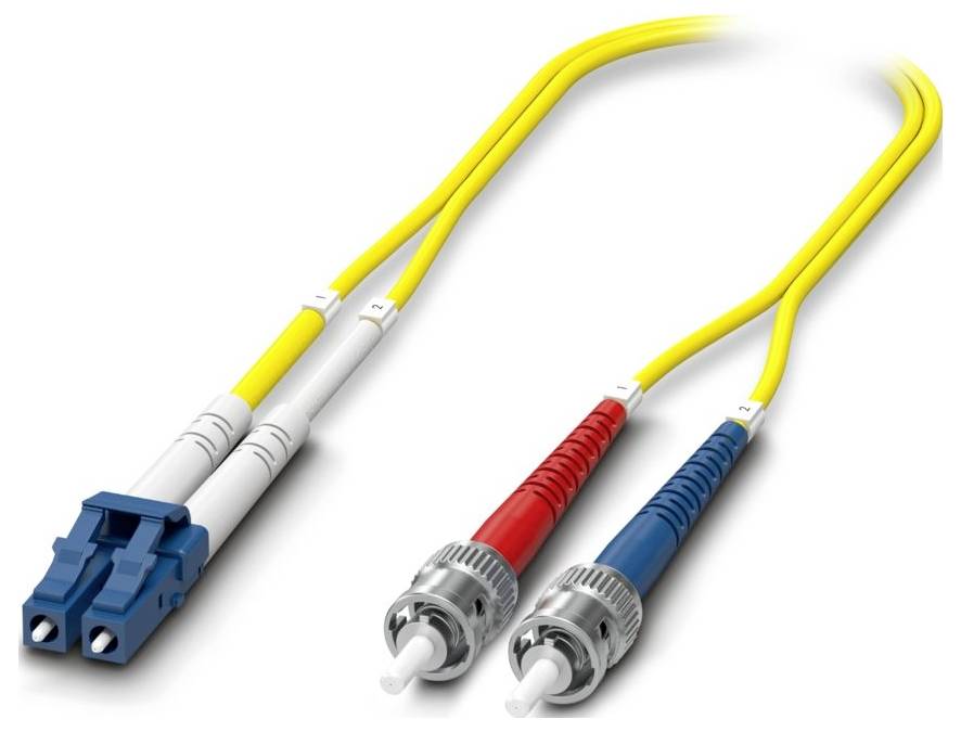 Image of a fiber optic patch cord with LC connector on one end and ST connectors on the other, featuring yellow cables.