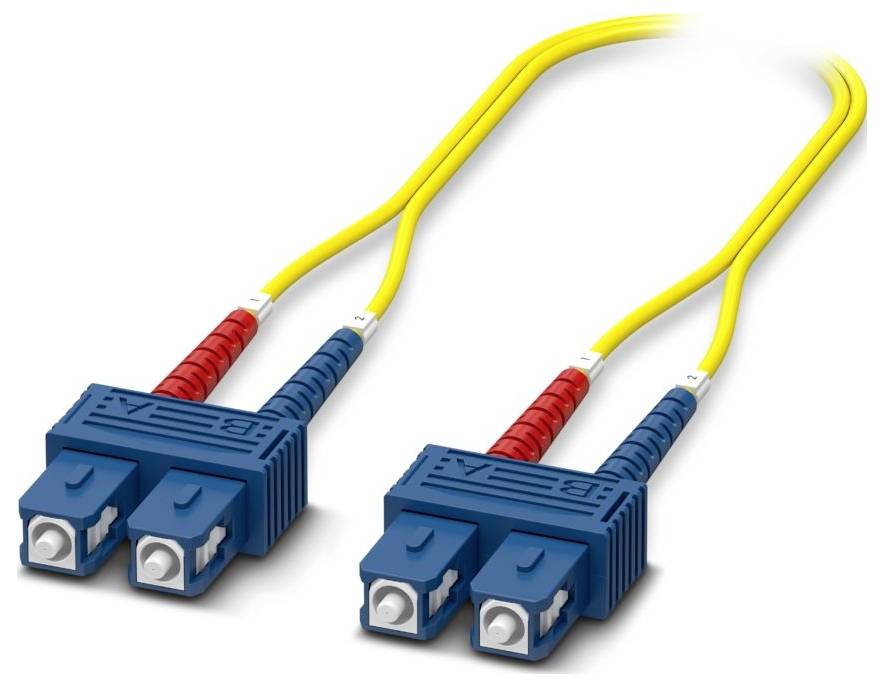Two yellow fiber optic cables with blue connectors on each end, featuring a plug design suitable for data or telecommunication networks.