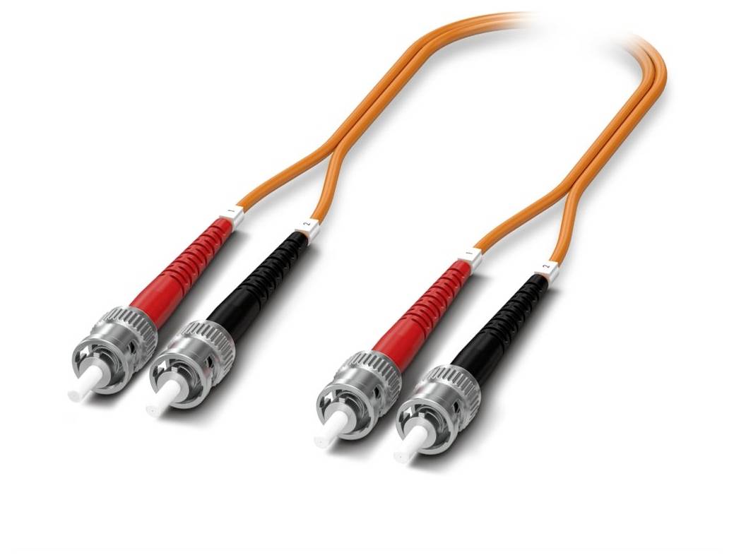 Two orange fiber optic cables with metal connectors, one with red and one with black sleeves.