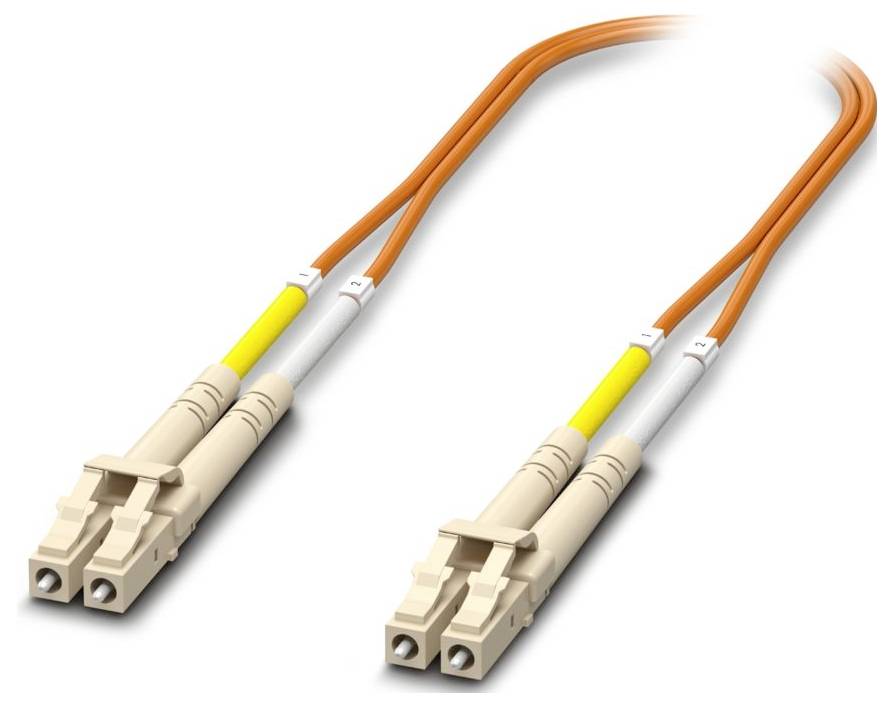 Two orange fiber optic cables with beige connectors, used for high-speed data transmission.