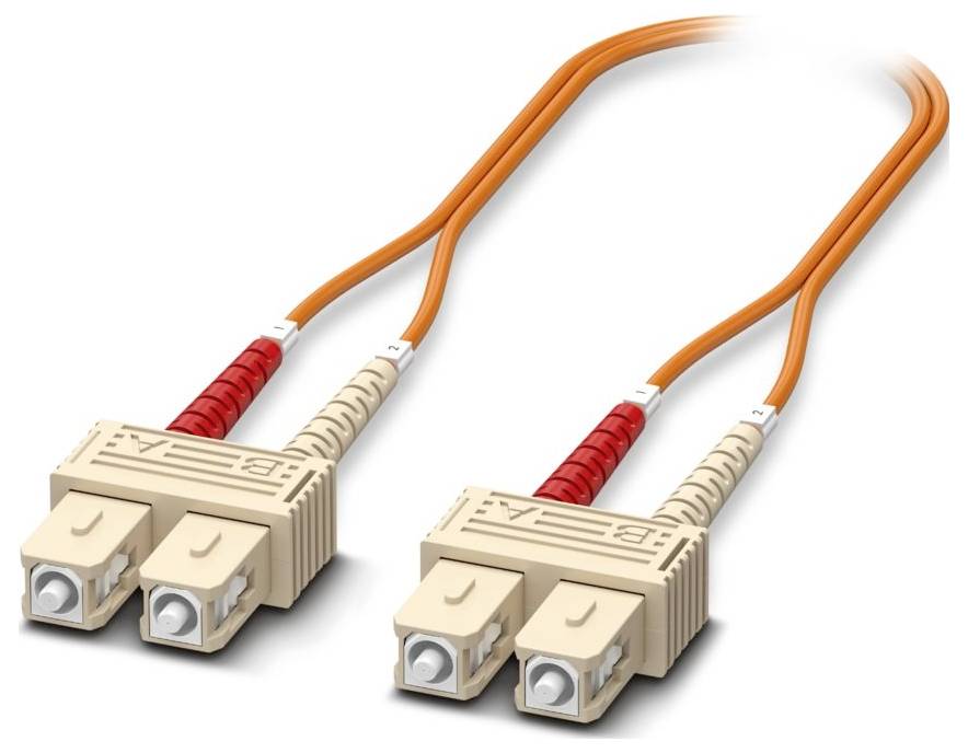 Two beige fiber optic cables with orange sheaths and SC connectors, used for high-speed data transmission.