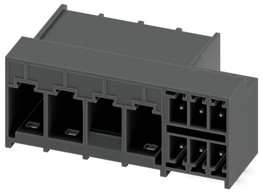 Schwarzer rechteckiger Elektrostecker mit mehreren quadratischen und runden Schlitzen für Drähte.